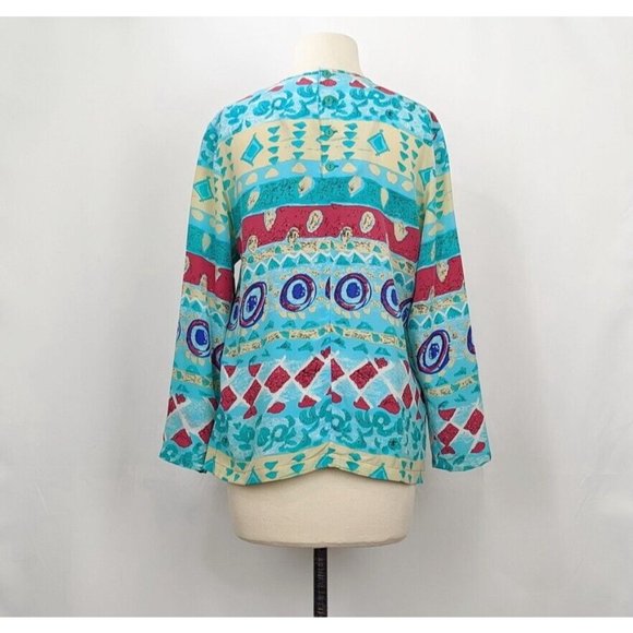 Vintage 90s Blouse Silk Maximalist Aqua Blue Pink Print Top Misses Size 6 - Picture 4 of 5